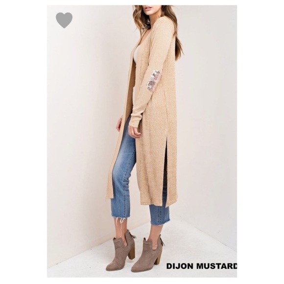 Ribbed Long Cardy with Sequins Elbow Patches - Picture 3 of 6